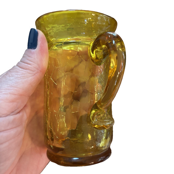 Vintage Amber Cadmium Crackle Glass Hand Crafted Mini Pitcher Creamer GLOWS - Picture 4 of 7